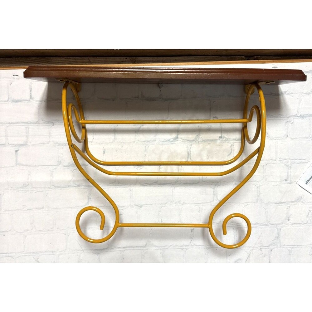 Farmhouse Red Orange Yellow Metal Wooden Wall Shelf with Scrolls 17.5x13.75 in - Picture 3 of 7